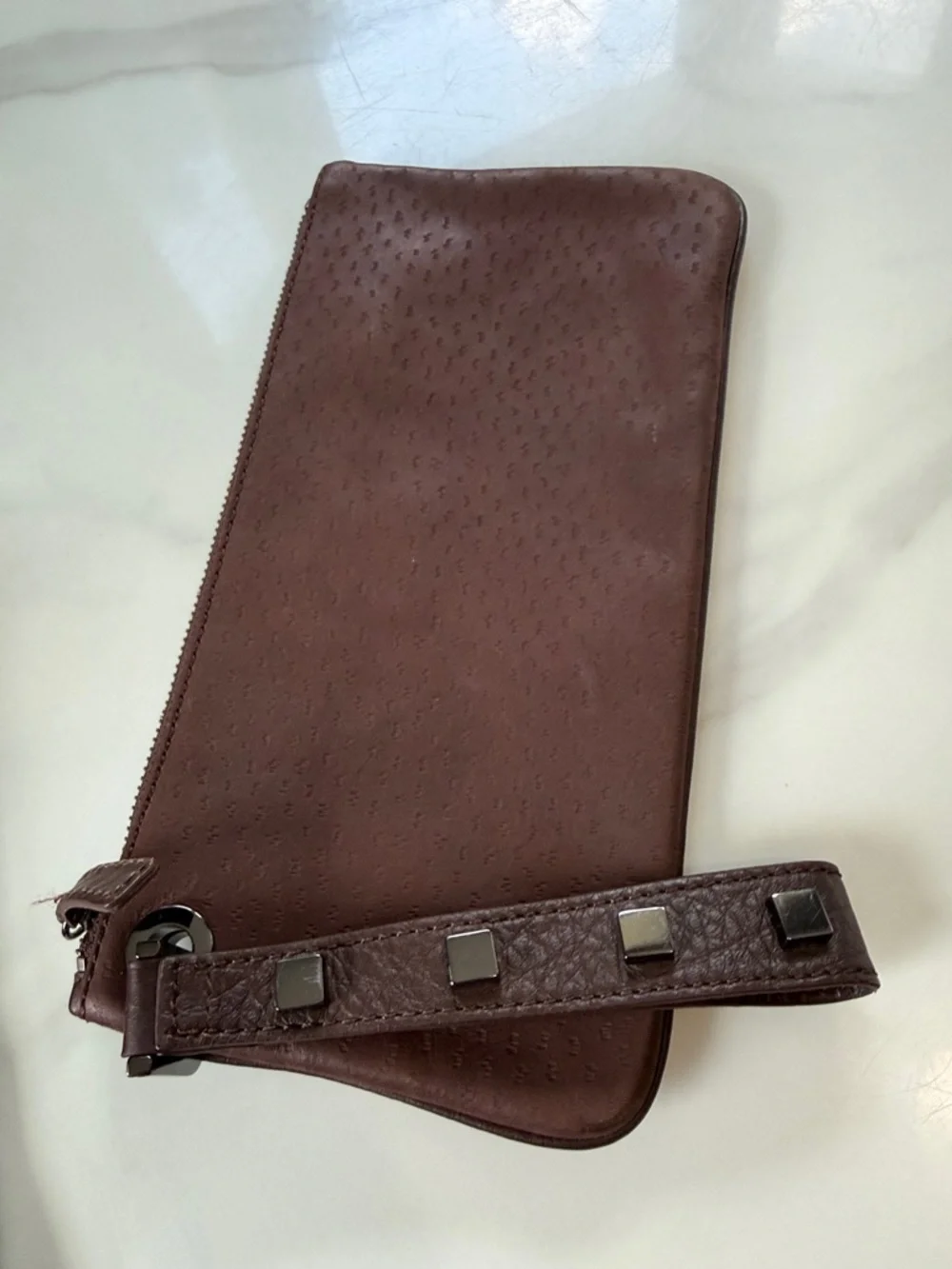 Brown Leather Wristlet Clutch - Slim Zip Pouch